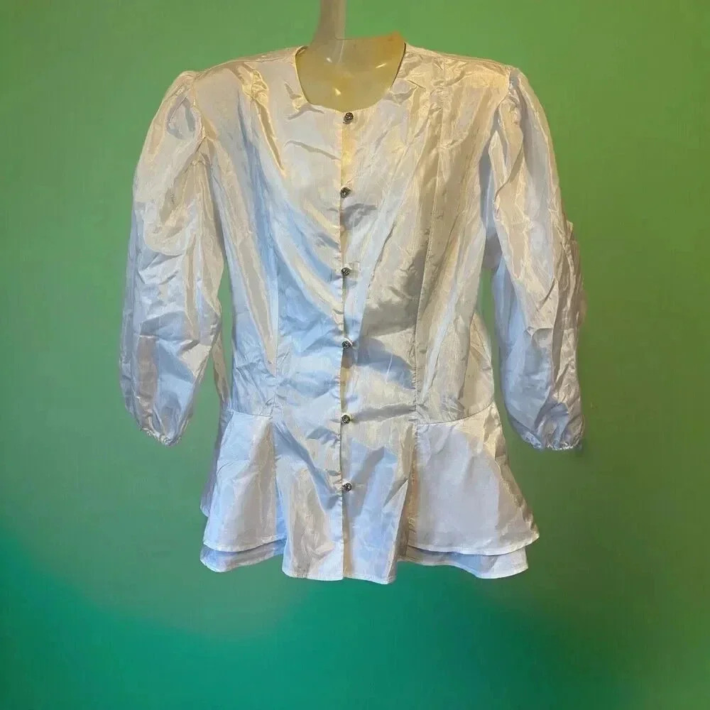 VTG 80s Nitescapes White Taffeta Blouse W/Rhinestone Buttons Classy Evening 10